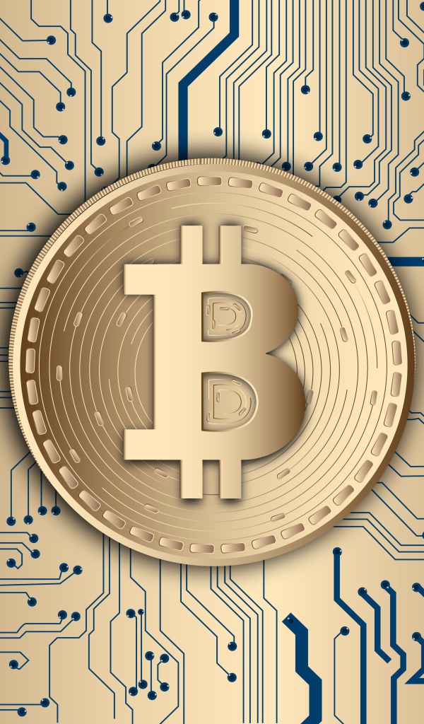 Монета биткоин на электронной плате