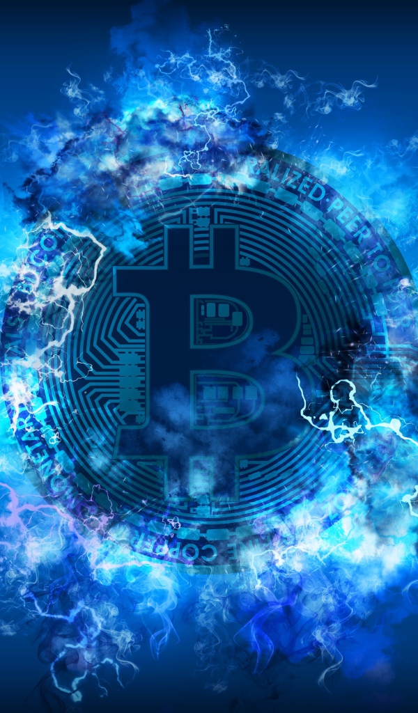 Монета биткоин с разрядами молнии на голубом фоне