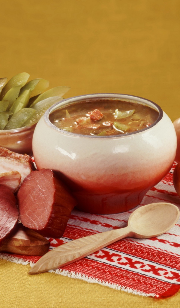 Борщ на столе с мясом, солеными огурцами и луком