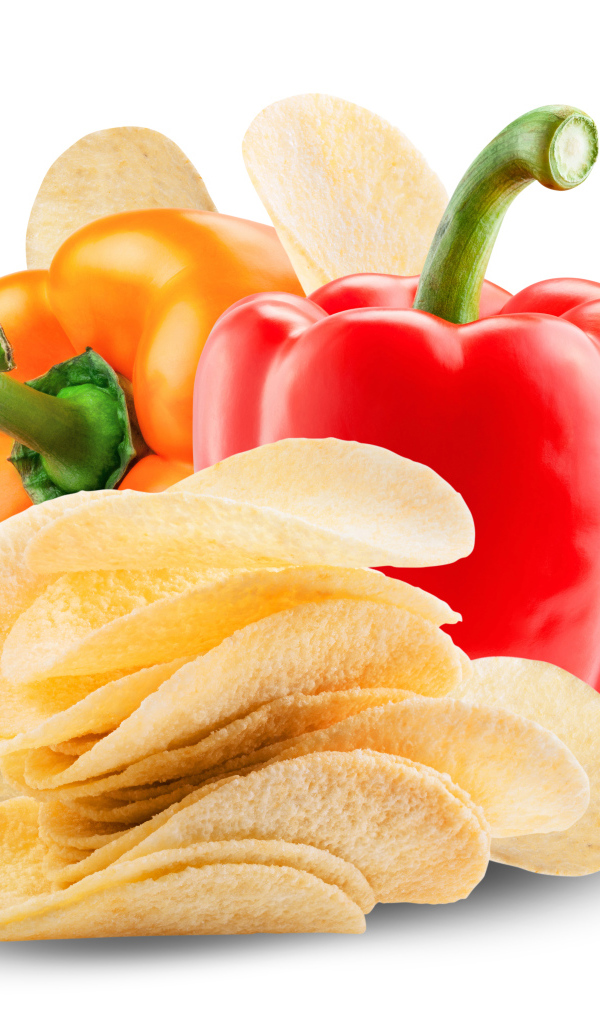 Chips with peppers on white background