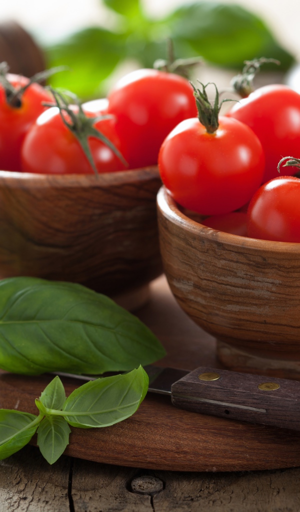 Свежие красные помидоры на столе в деревянных мисках с базиликом