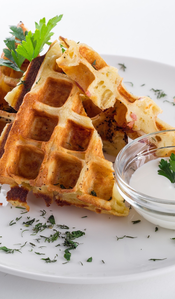 Несладкие вафли на белой тарелке с зеленью и соусом