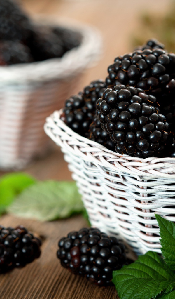 Свежые ягоды ежевики в белой корзинке на столе