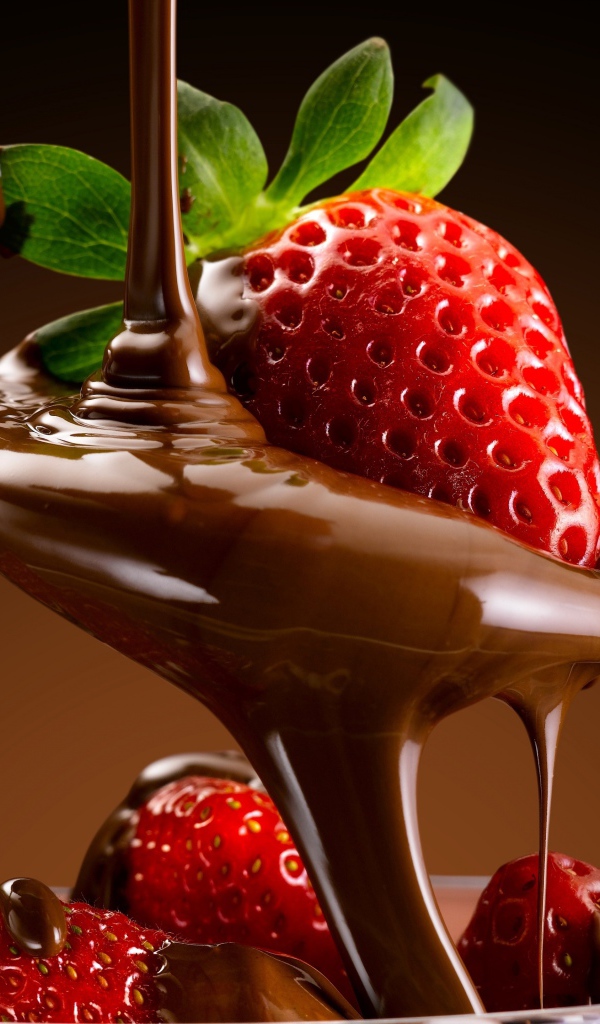 Свежая красная клубника на ложке с шоколадной пастой