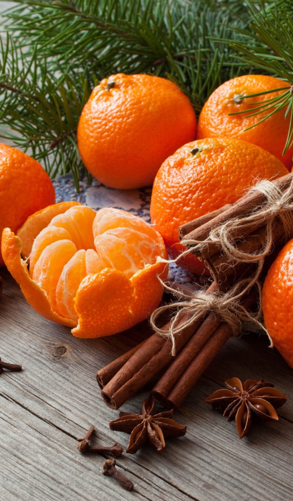 Вкусные спелые мандарины с корицей и бадьяном на столе с еловой веткой