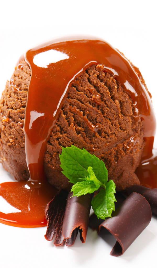 Шарик шоколадного мороженого с джемом на белом фоне 