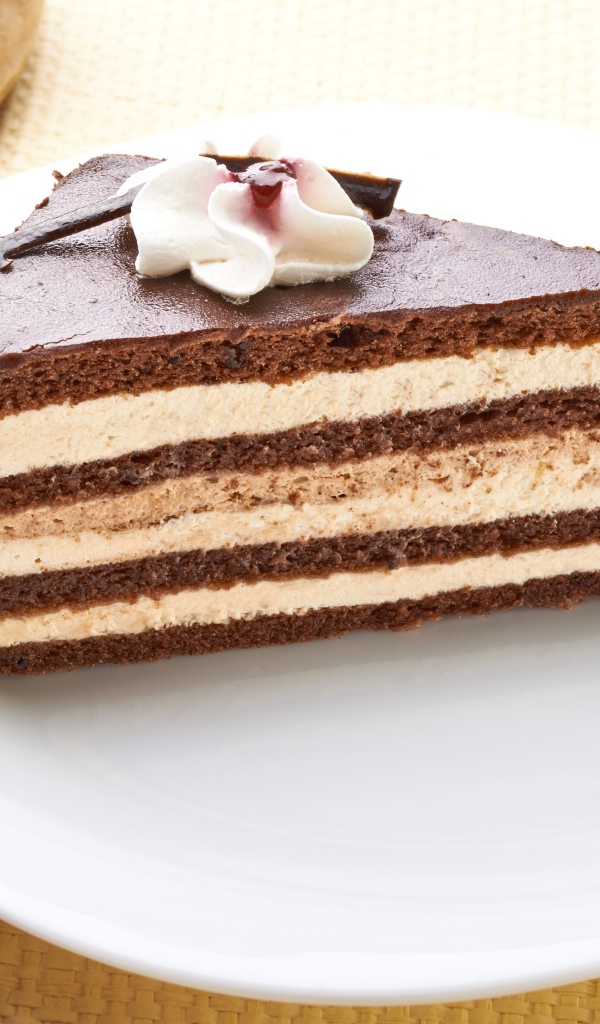 Большой кусок торта с кремом украшен цветком