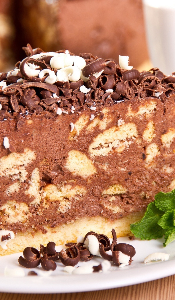 Кусок торта с шоколадом и листьями мяты на тарелке