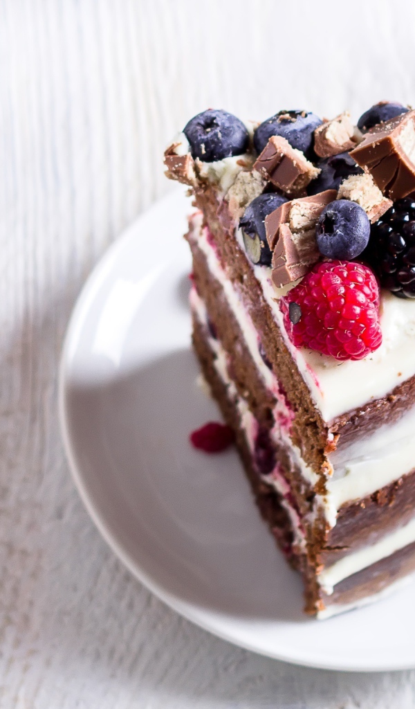 Кусок торта с ягодами малины и черники на блюдце