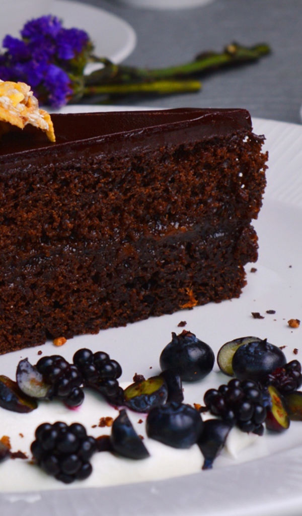 Кусок шоколадного пирога на большой белой тарелке