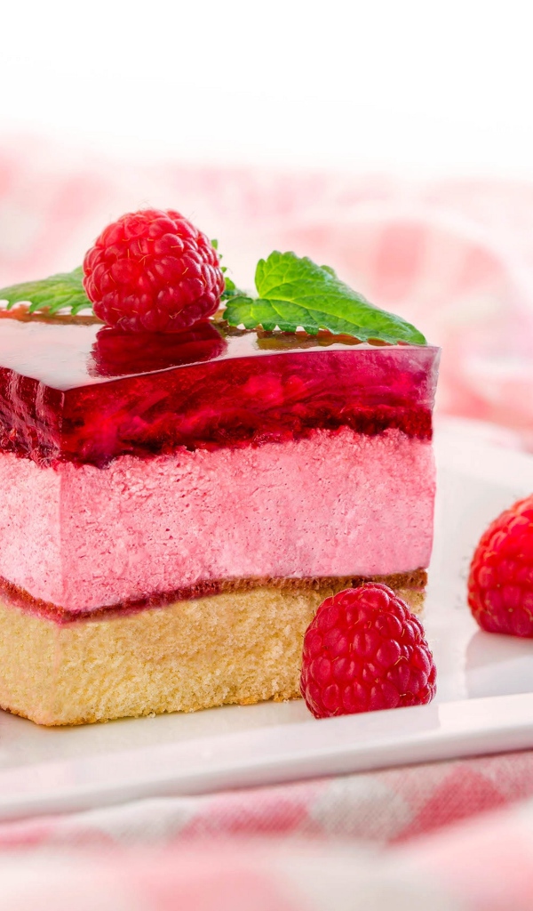 Аппетитное пирожное с суфле и желе с ягодами малины и смородины