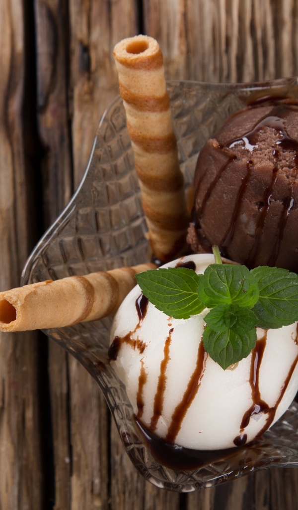 Шарик сливочного и шоколадного мороженого в пиале с трубочками