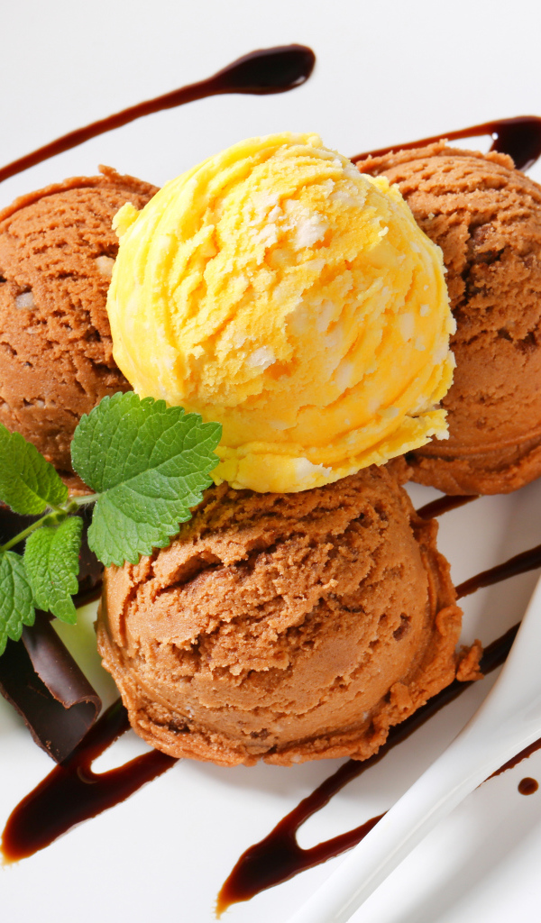 Шарики кофейного и фруктового мороженого на белой тарелке