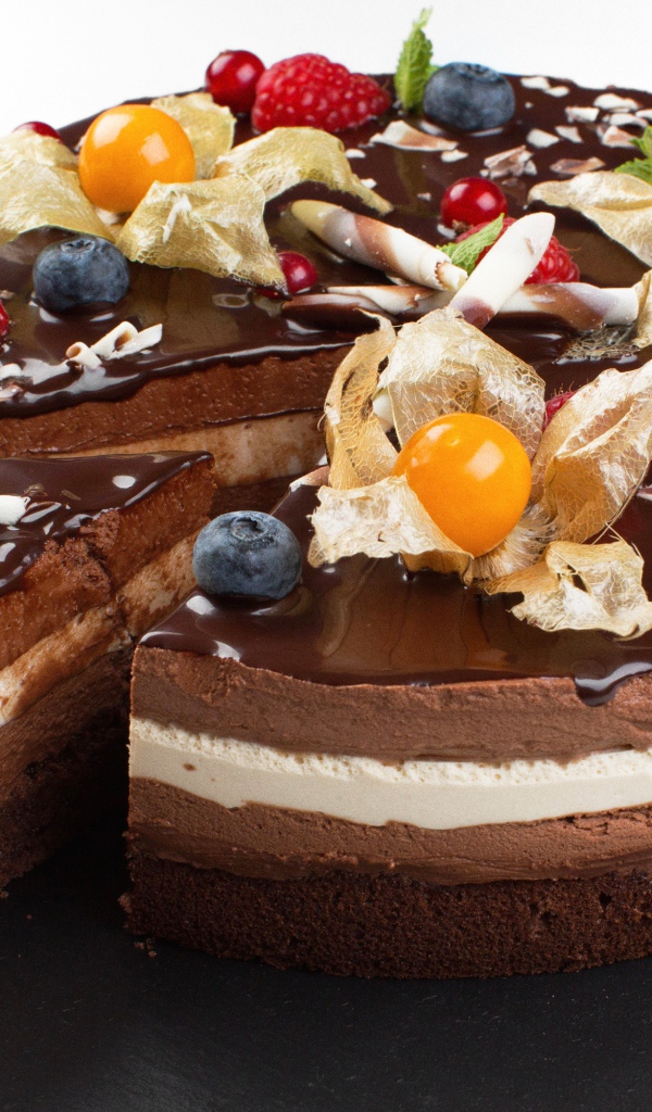 Красивый торт с суфле, шоколадом и ягодами