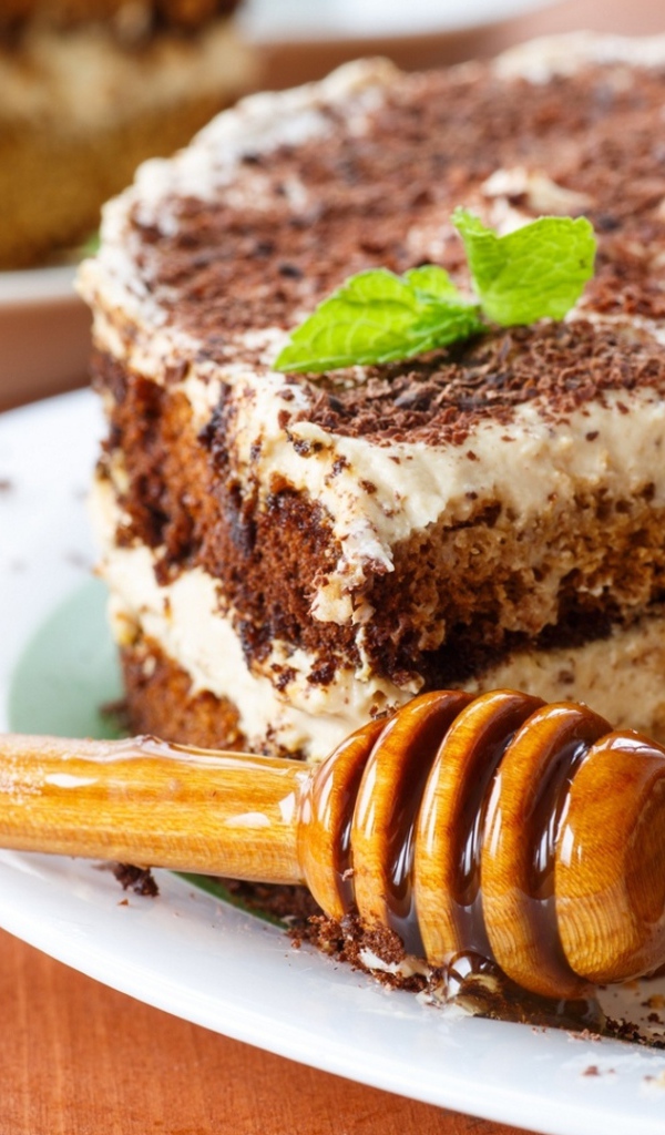 Торт с кремом и шоколадом на тарелке с ложкой для меда