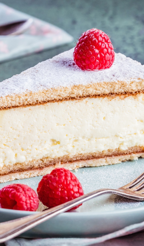 Чизкейк с сахарной пудрой и ягодами малины на тарелке