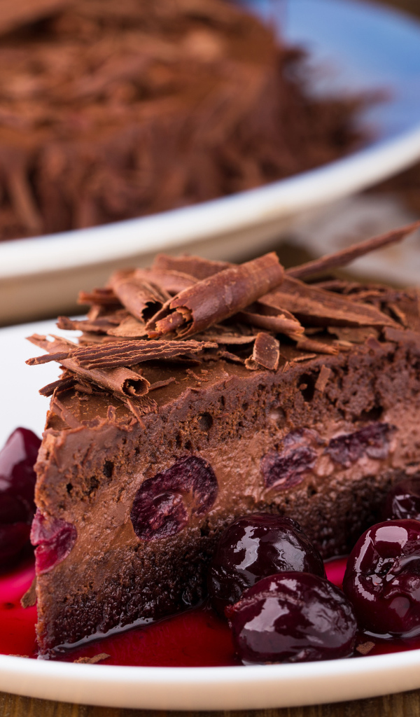 Шоколадный пирог с вишневым вареньем на белой тарелке