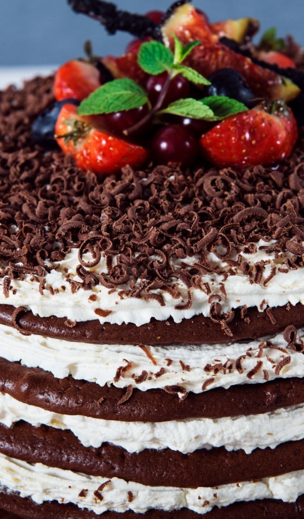 Шоколадный торт с кремом и тертым шоколадом украшен ягодами