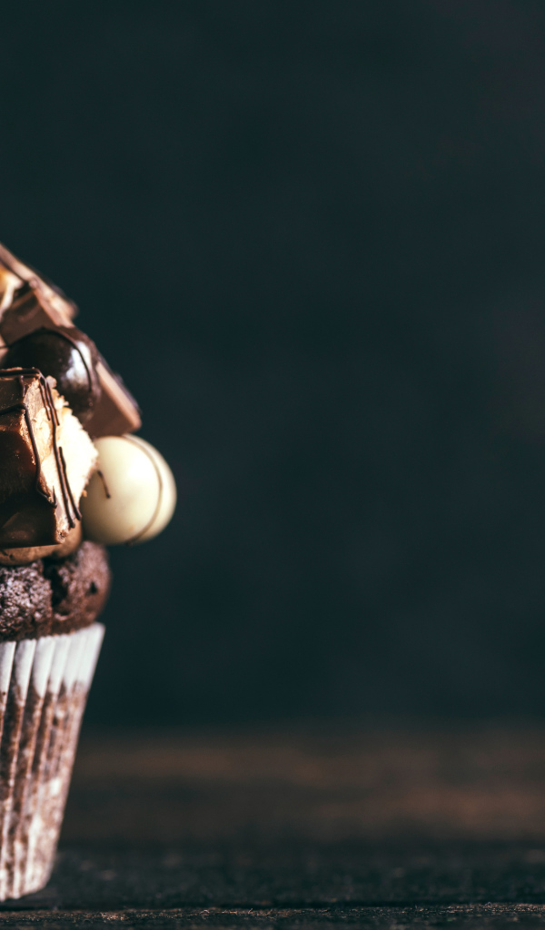 Шоколадный кекс с кремом и конфетами на сером фоне