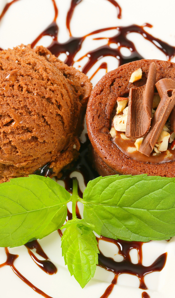 Шоколадное мороженое с кексом на тарелке