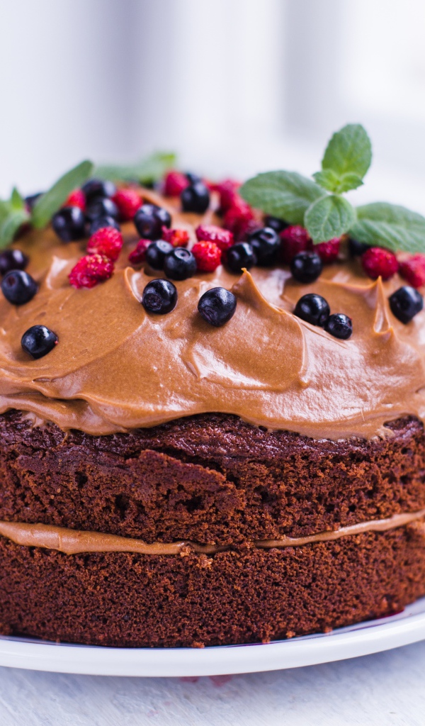 Шоколадный пирог с кремом и ягодами