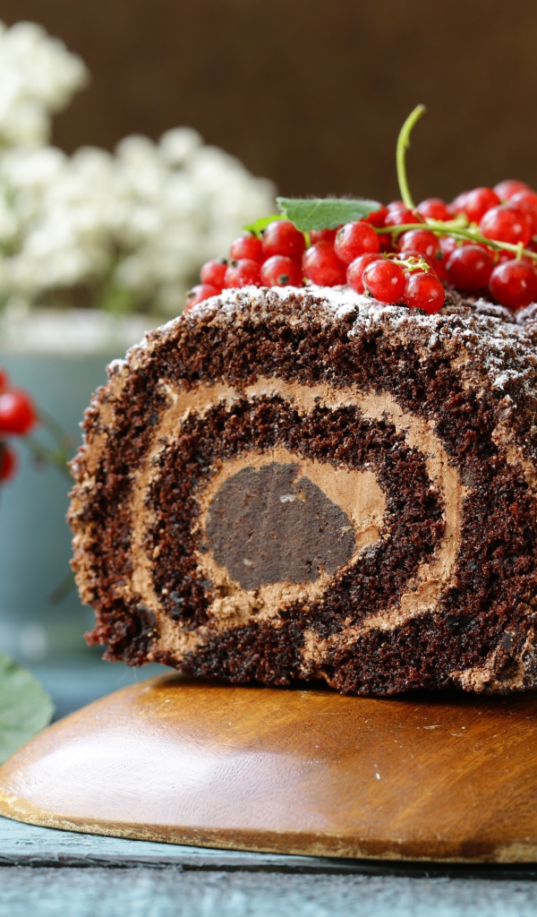 Шоколадный рулет с кремом и красной смородиной