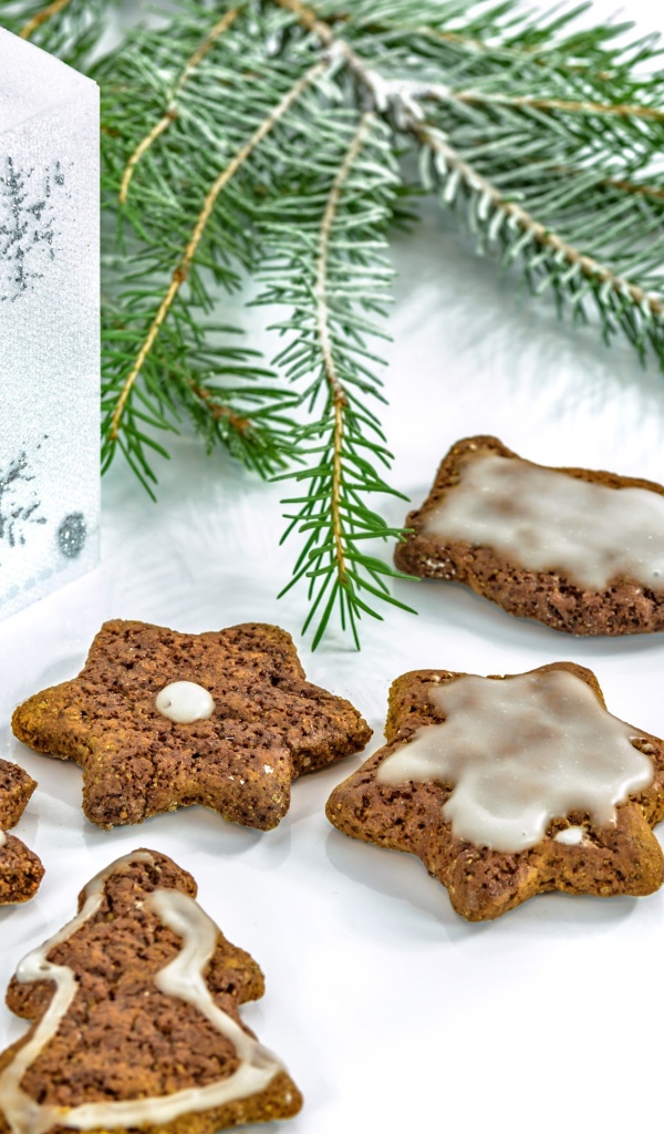 Новогоднее печенье с подарком и еловой веткой на белом фоне