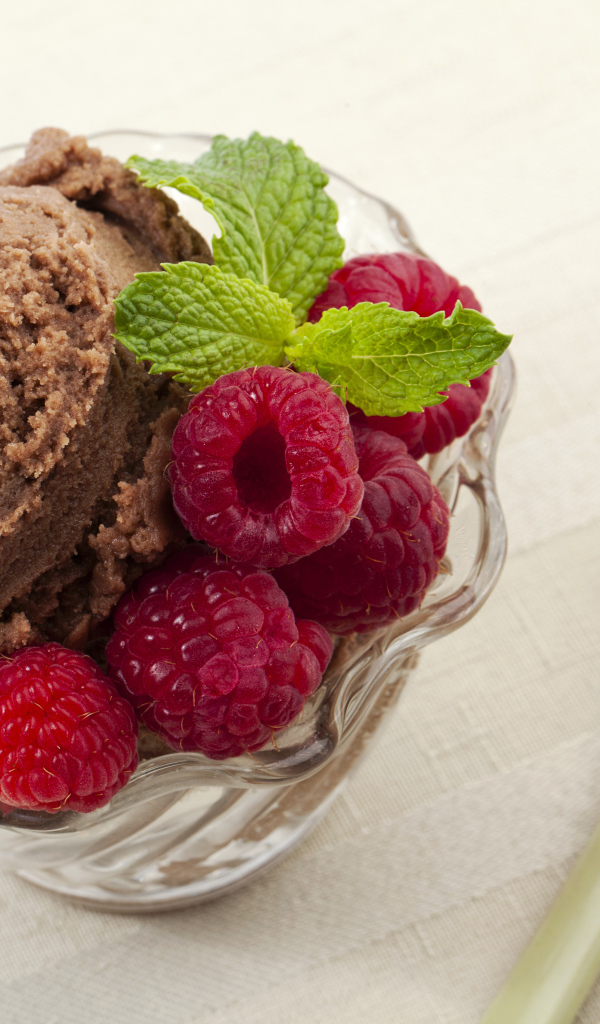 Кофейное мороженое в креманке со свежей малиной