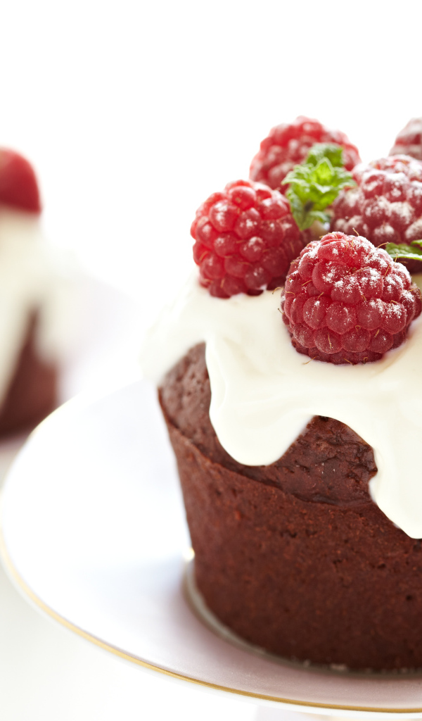 Кекс с кремом и ягодами малины на белой тарелке