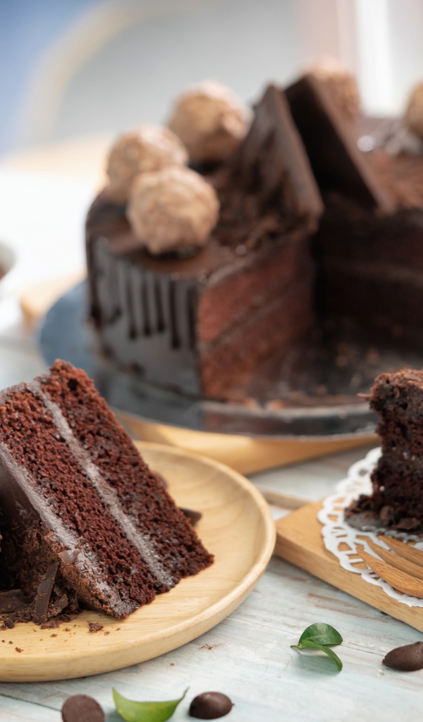 Аппетитный шоколадный торт на столе 