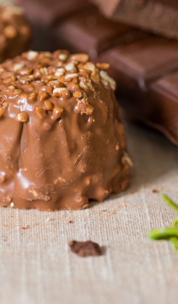 Вкусные шоколадные конфеты с орехами на столе 