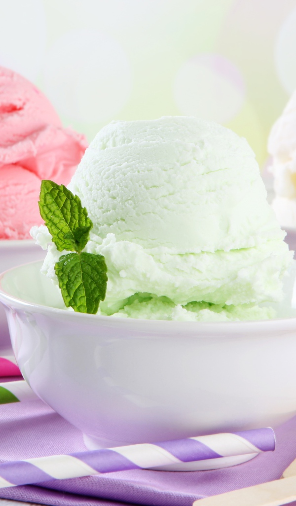Шарики фруктового мороженого с листьями мяты