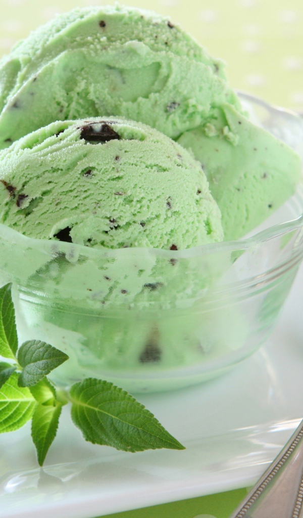 Зеленые шарики мороженого с шоколадом и мятой на тарелке с ложкой