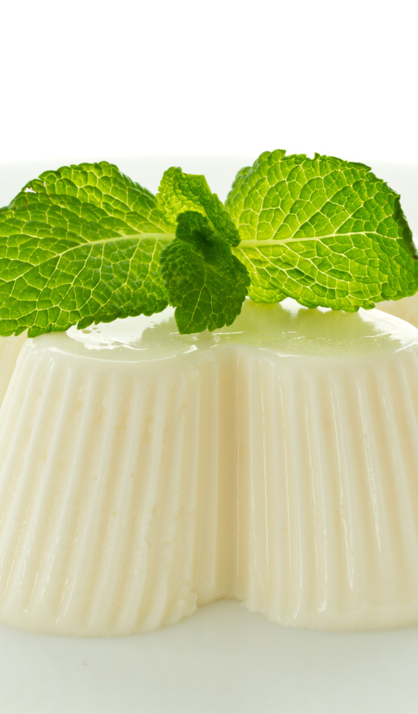 Молочное желе с мятой на белой тарелке 