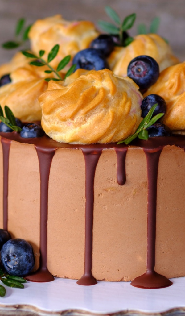 Торт мусс с профитролями и ягодами черники 