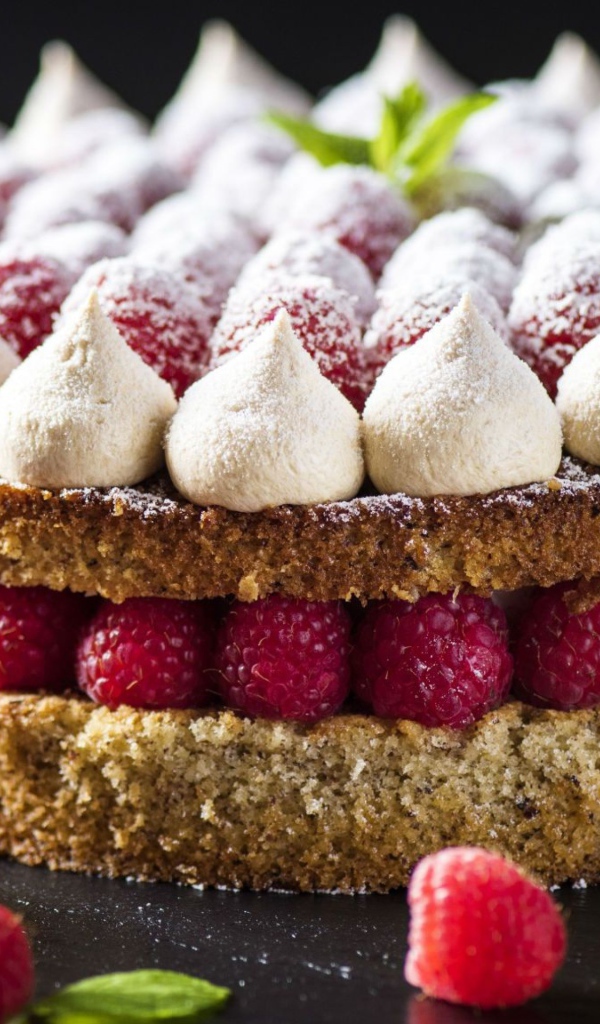 Пирог с ягодами свежей малины и меренгой 