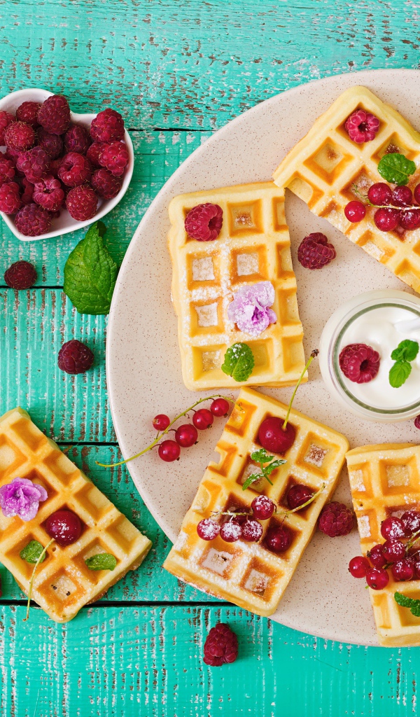 Вафли с малиной и красной смородиной на тарелке