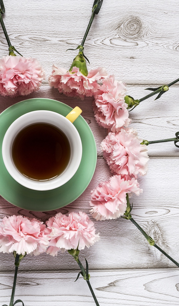 Чашка чая с розовыми гвоздиками на деревянном фоне