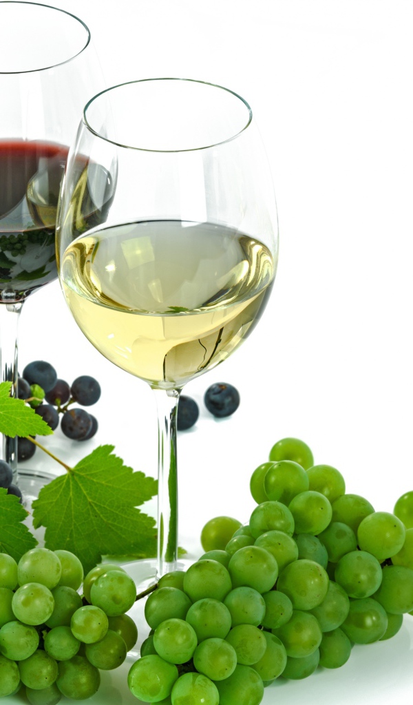 Бокал белого и красного вина на белом фоне с виноградом