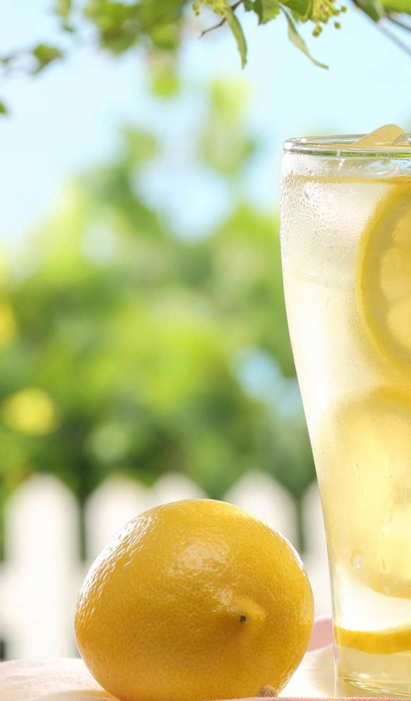 Холодный лимонад в стакане с кусочками лимона