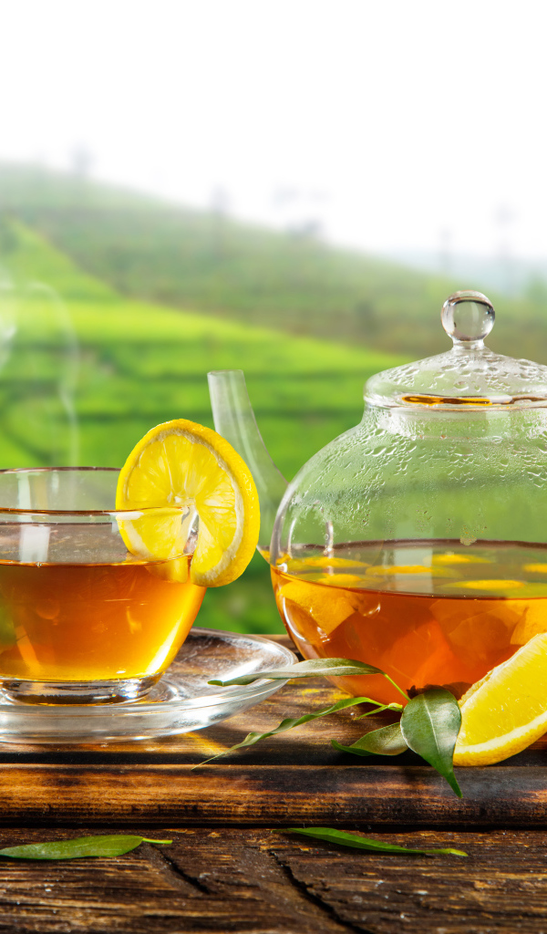 Зеленый чай с лимоном с стеклянной чашке на столе