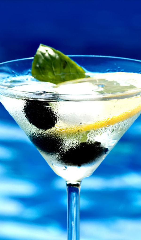Мартини в бокале с лимоном и оливками 