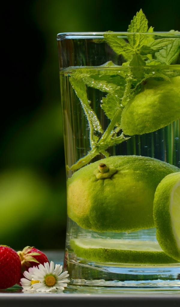 Освежающий напиток с лаймом и мятой в стеклянной чашке