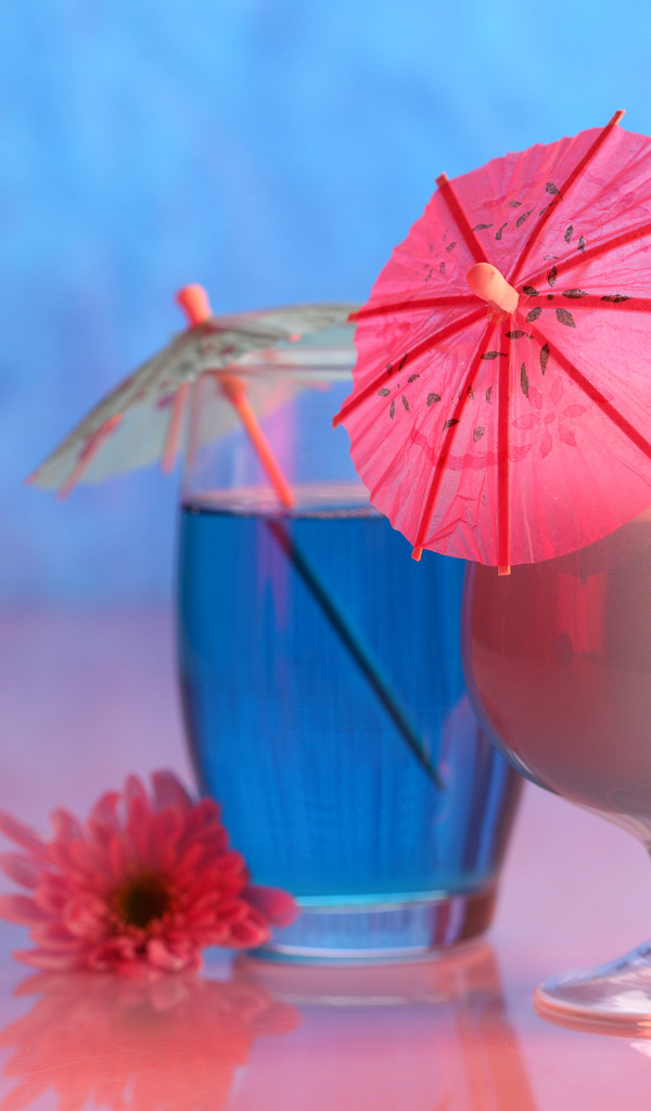 Два бокала с коктейлем на столе с розовыми цветами хризантемы