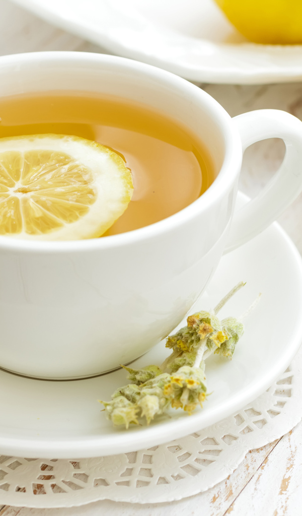 Белая чашка цветочного чая с лимоном