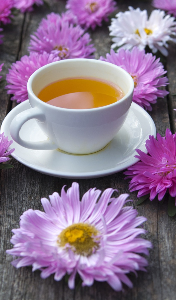 Белая чашка чая на столе с астрами