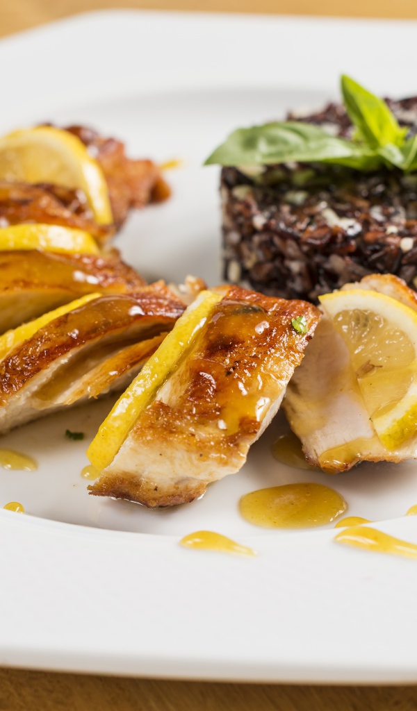 Куриный рулет на белой тарелке с рисом