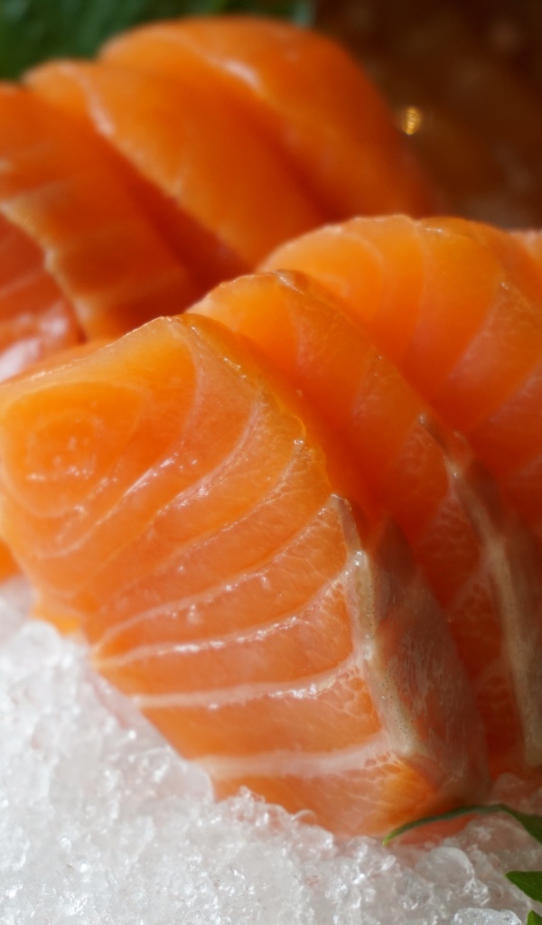 Кусочки красной рыбы лежат на льду