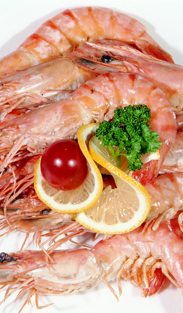 Креветки с лимоном и помидором на белой тарелке