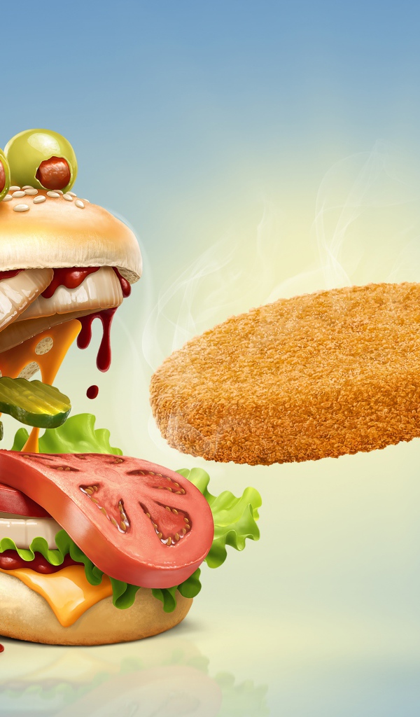 Смешной гамбургер кормят котлетой